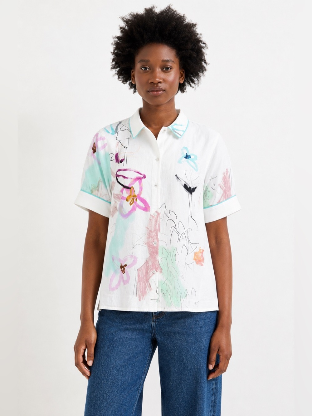 Oliver Bonas Printed Artful Short Sleeve Collared Shirt Button Front Size 8 244